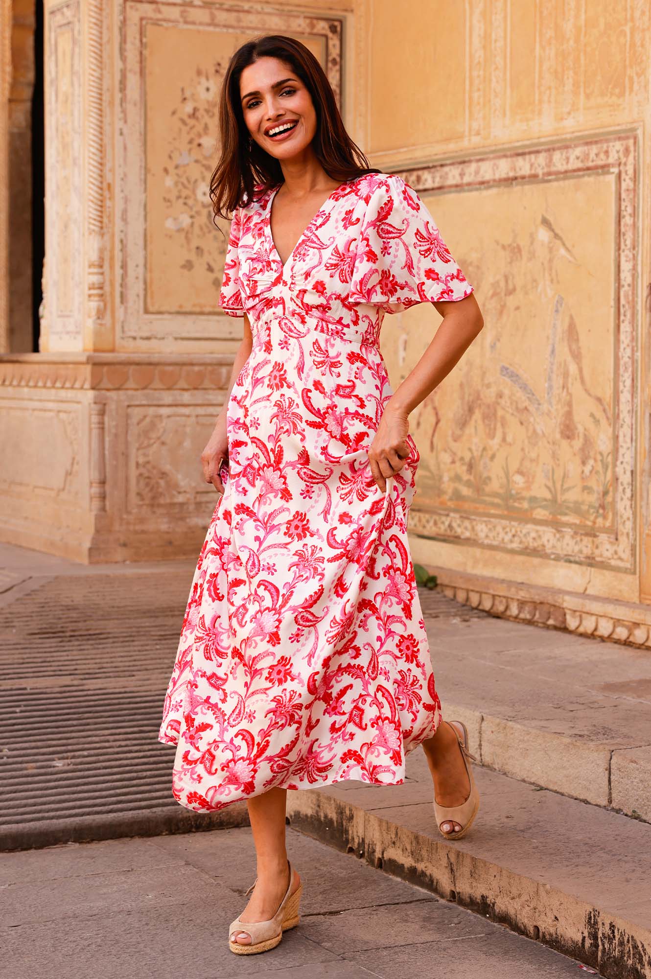 Anais Hammered Satin Dress - Floral Paisley Print in Cream, Red & Pink Colors | Perfect for Weddings, Parties & Special Occasions