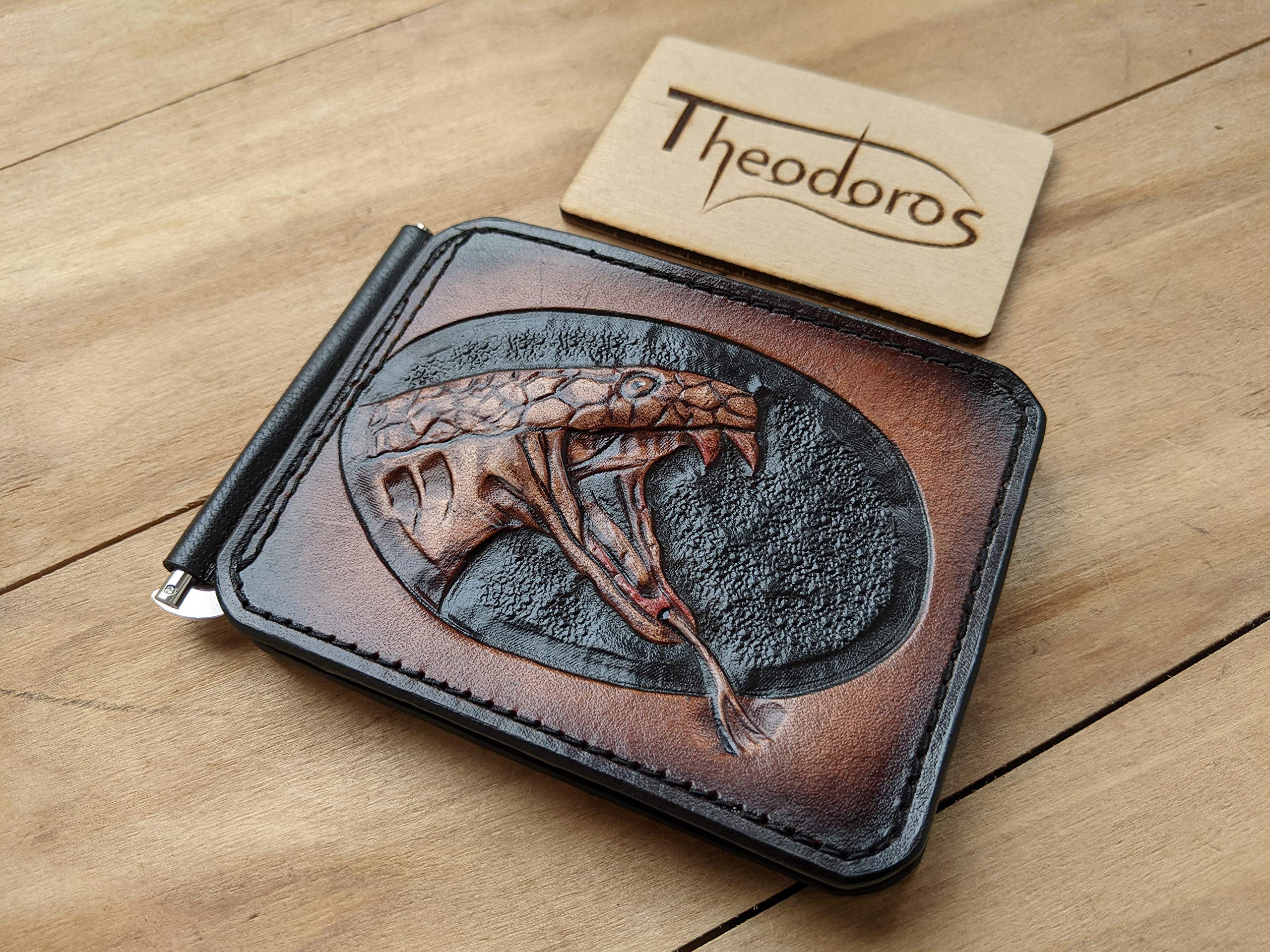 3D Genuine Leather Men's Wallet - Handmade Cobra Snake Python Anaconda Carved Tooled Design with Money Clip | Custom Personalized Airbrush Art Wallet for Everyday Use & Gift Giving