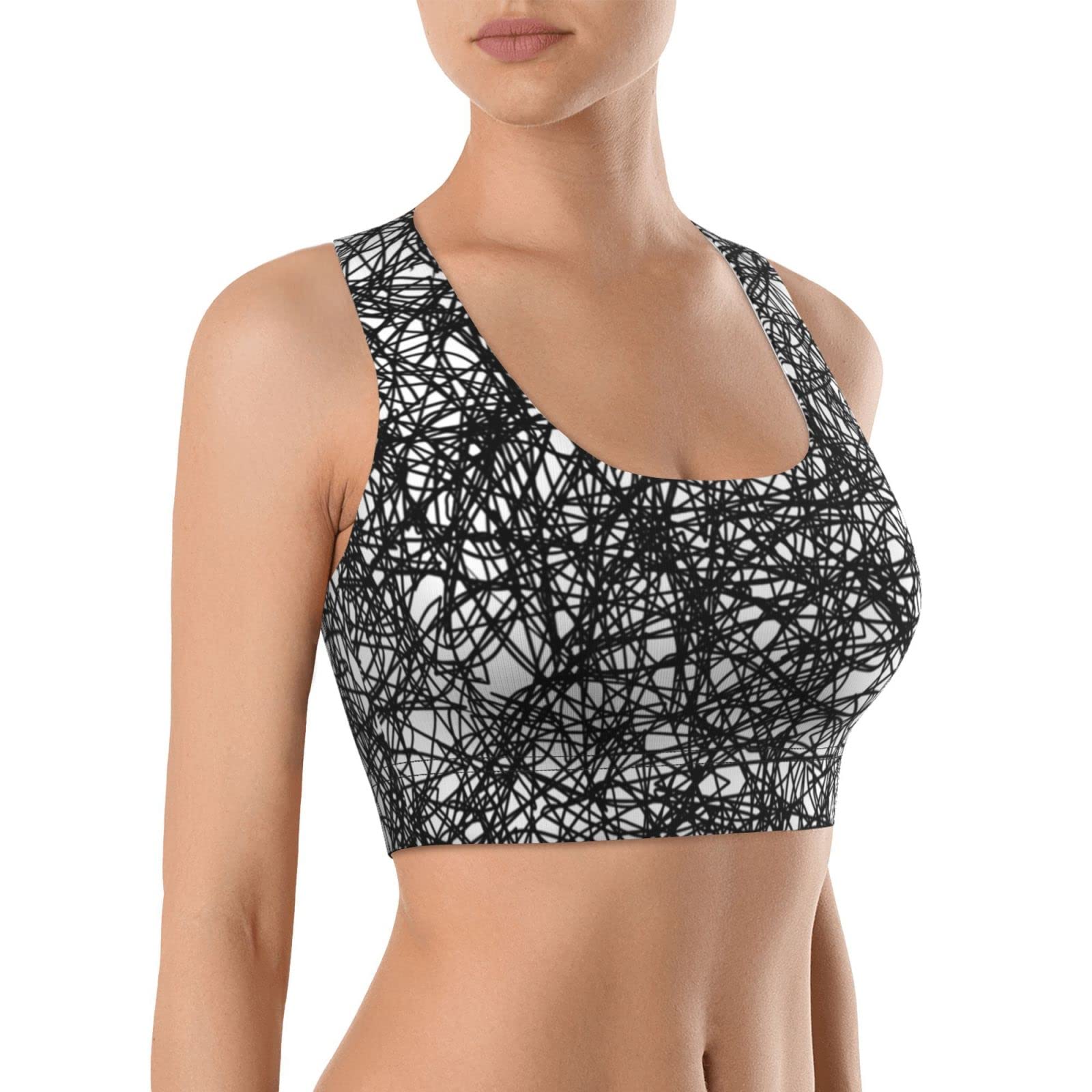 ZGXJJPP Women's Black Ink Scribbles Sports Bra - Removable Padded Cups, Racerback Workout Top for Running, Yoga & Gym Fitness