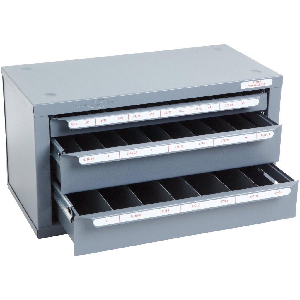 HUOT #13590 6-32 to 1/2-20 Tap and Drill Bit Dispenser Organizer Cabinet - Perfect for Workshop, Garage, and Industrial Tool Storage Organization