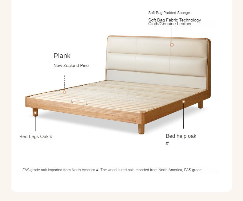 Solid Oak Wood Genuine Leather Upholstered Soft Bed - Perfect for Master Bedroom, Guest Room & Cozy Home Decor