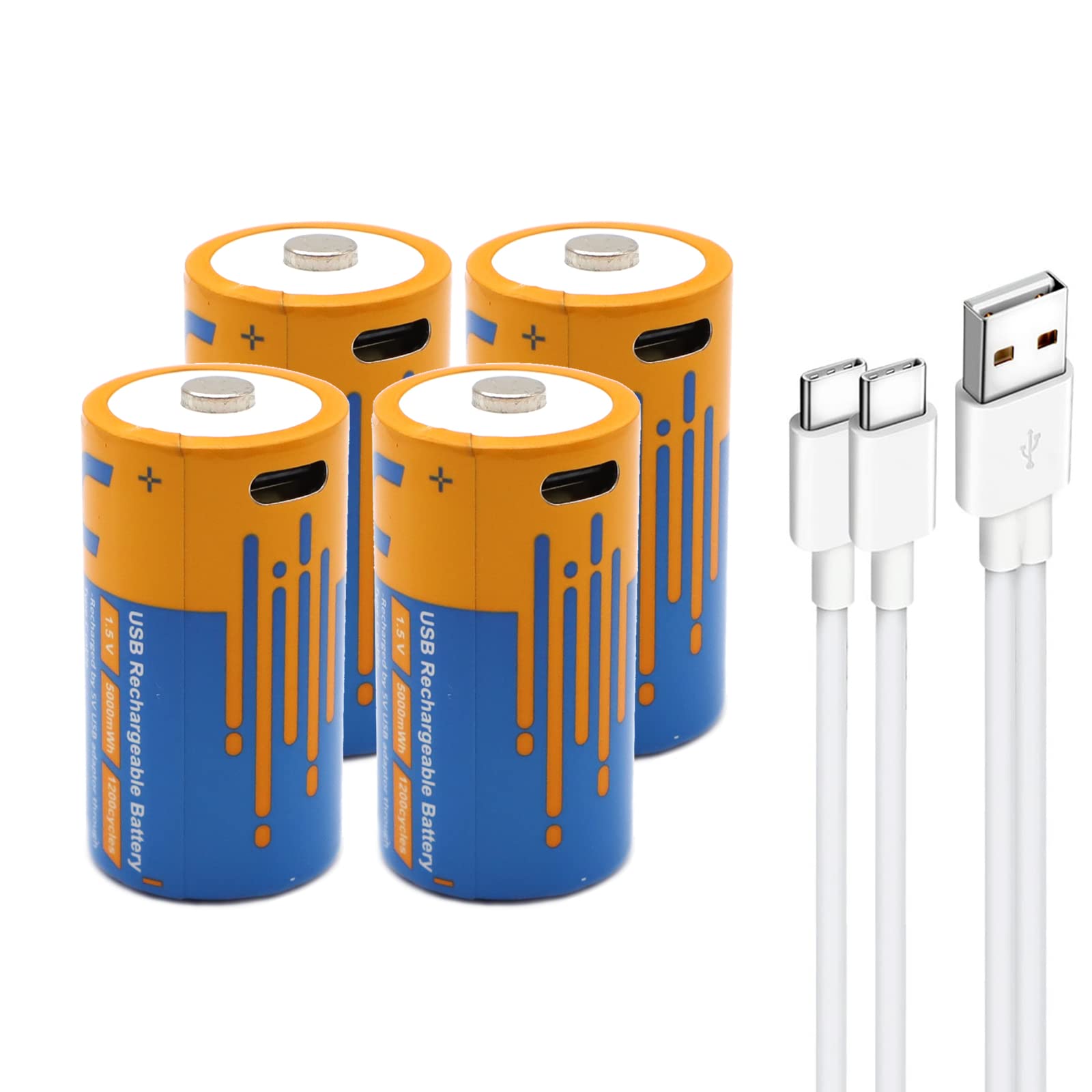 1.5V Lithium C Rechargeable Batteries - 5000mWh USB-C Li-ion Batteries with 2-in-1 Charging Cable (2 Pack) | Perfect for Wireless Keyboards, Digital Cameras & Emergency Flashlights