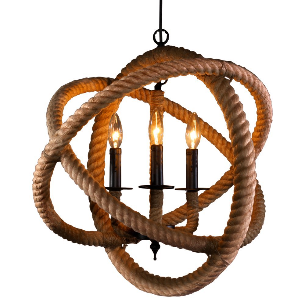 Tiffany LD4902 3-Light Rope Enclosed Chandelier - Vintage Style Ceiling Light Fixture for Dining Room, Bedroom, or Living Room Decor