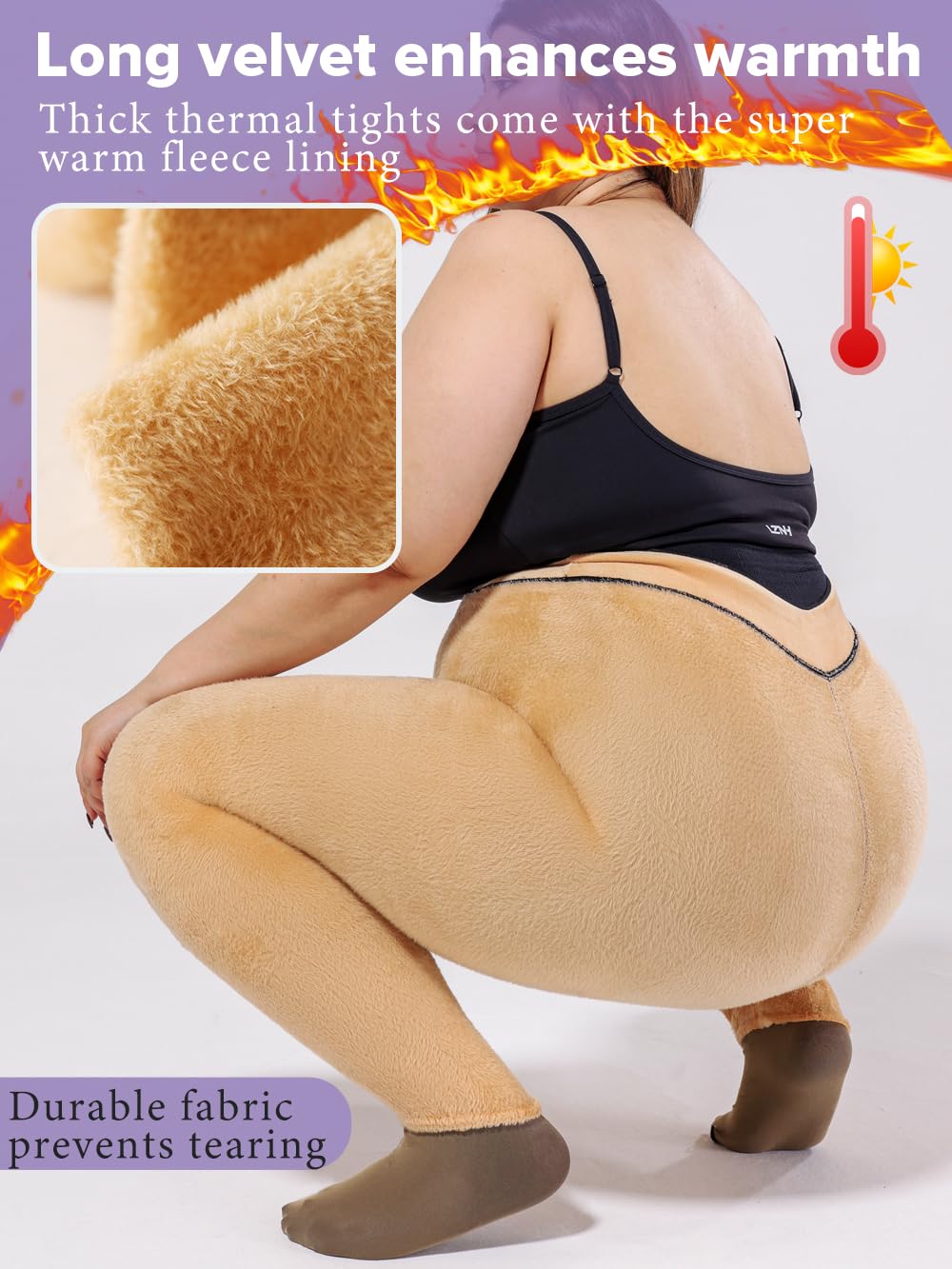 Plus Size Fleece Lined Thermal Tights for Women - Winter Warm Translucent Pantyhose Leggings for Cold Weather & Layering Outfits