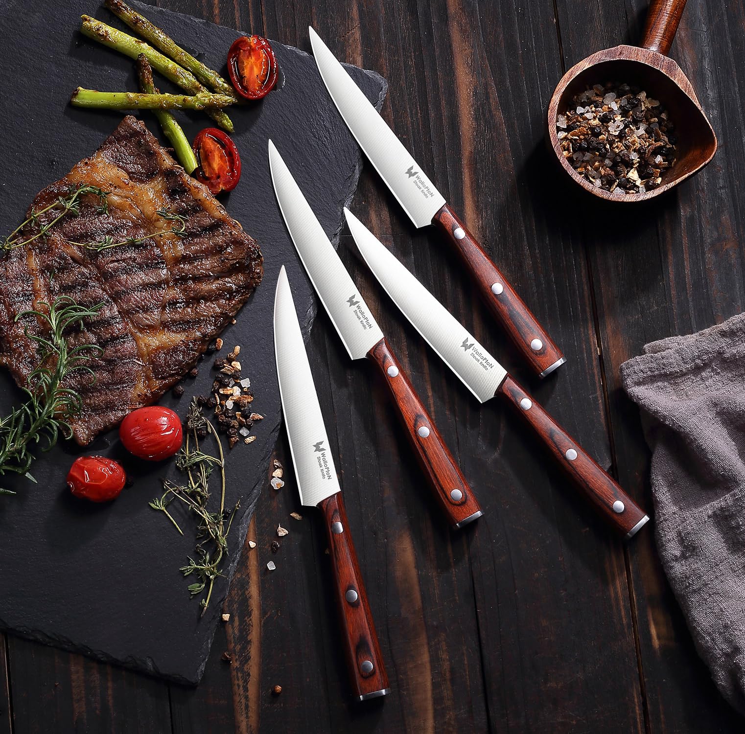 Premium 6-Piece Steak Knife Set - Ultra Sharp High Carbon Stainless Steel Blades with Full Tang Wood Handles - 5