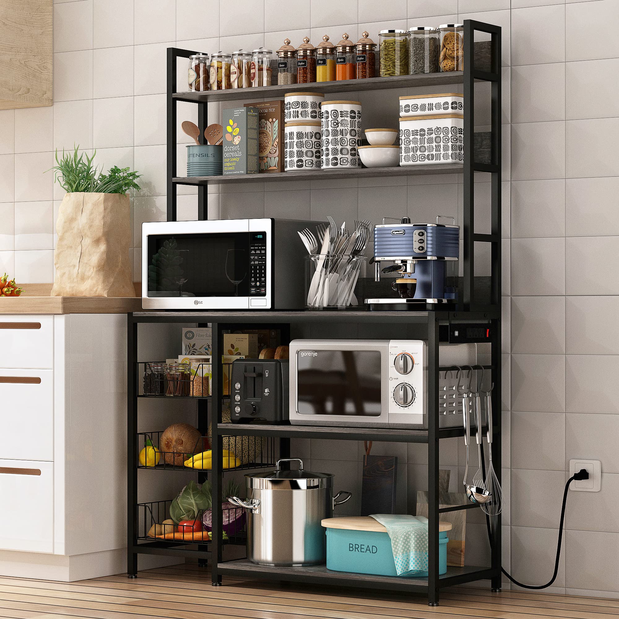 5-Tier Vintage Grey Kitchen Bakers Rack with Baskets, Hooks & Power Outlet - Free Standing Microwave Stand, Utility Storage Shelf for Small Spaces - Perfect for Kitchen Organization, Pantry Storage & Coffee Bar Setup