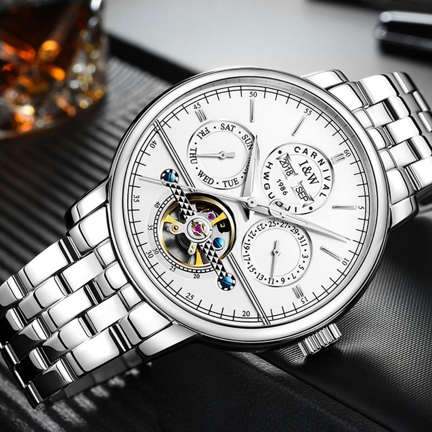 Carlien Men's Automatic Tourbillon Watch - Stainless Steel Mechanical Luminous Waterproof Multifunction Wristwatch for Business, Dress & Outdoor Activities