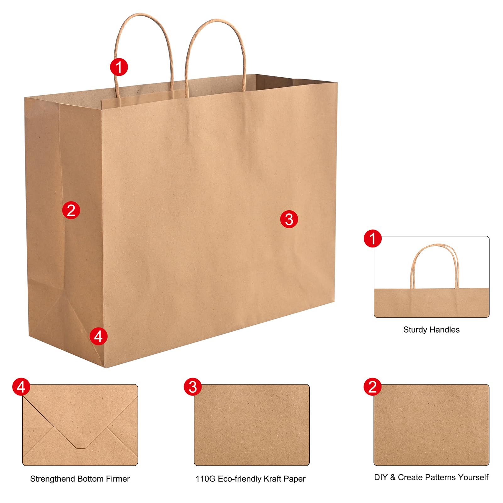 50PCS Kraft Gift Bags with Handles - 16x6x12 Inch Large Brown Paper Bags Bulk for Birthday Party, Grocery Retail, Shopping Business | Eco-Friendly Packaging for Gifts, Parties & Store Merchandise