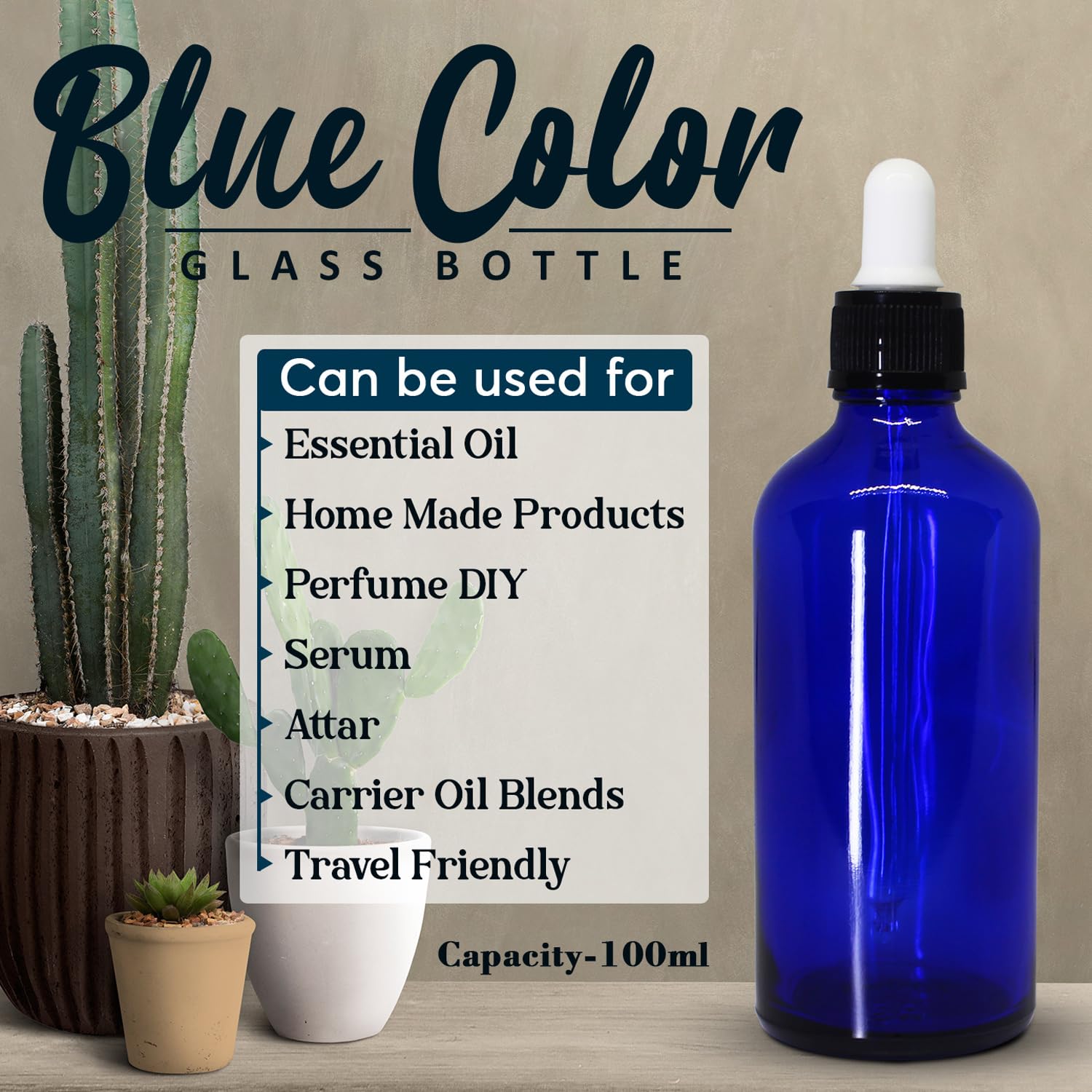 NSB Herbals 100ml Cobalt Blue Empty Glass Bottle with Dropper - Leak Proof Refillable Essential Oil Bottles for Aromatherapy, Perfumes & Face Oils - Includes Glass Dropper, Black Ring & White Silicone Teat (Pack of 3) - Perfect for DIY Blends, Travel & Home Spa Use