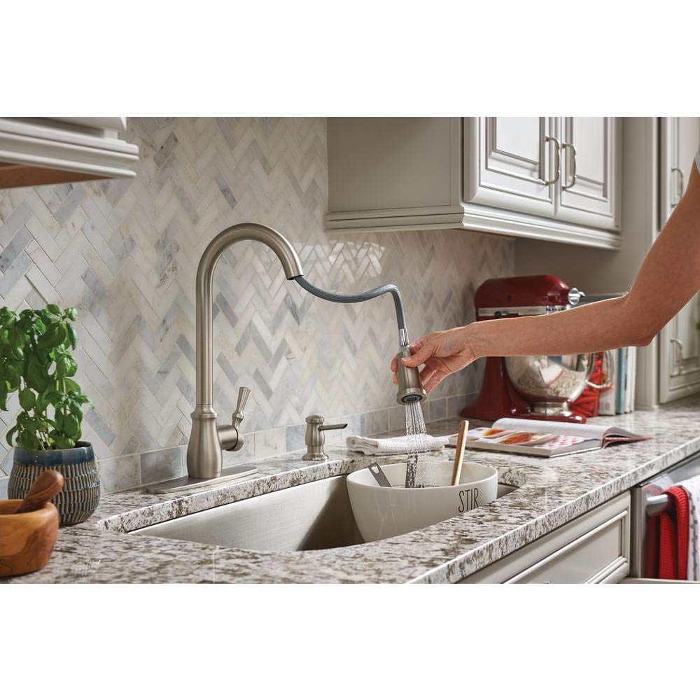 Moen Fieldstone 87808SRS Pull-Down Kitchen Faucet with Soap Dispenser - Modern Stainless Steel Design for Easy Cooking and Cleaning