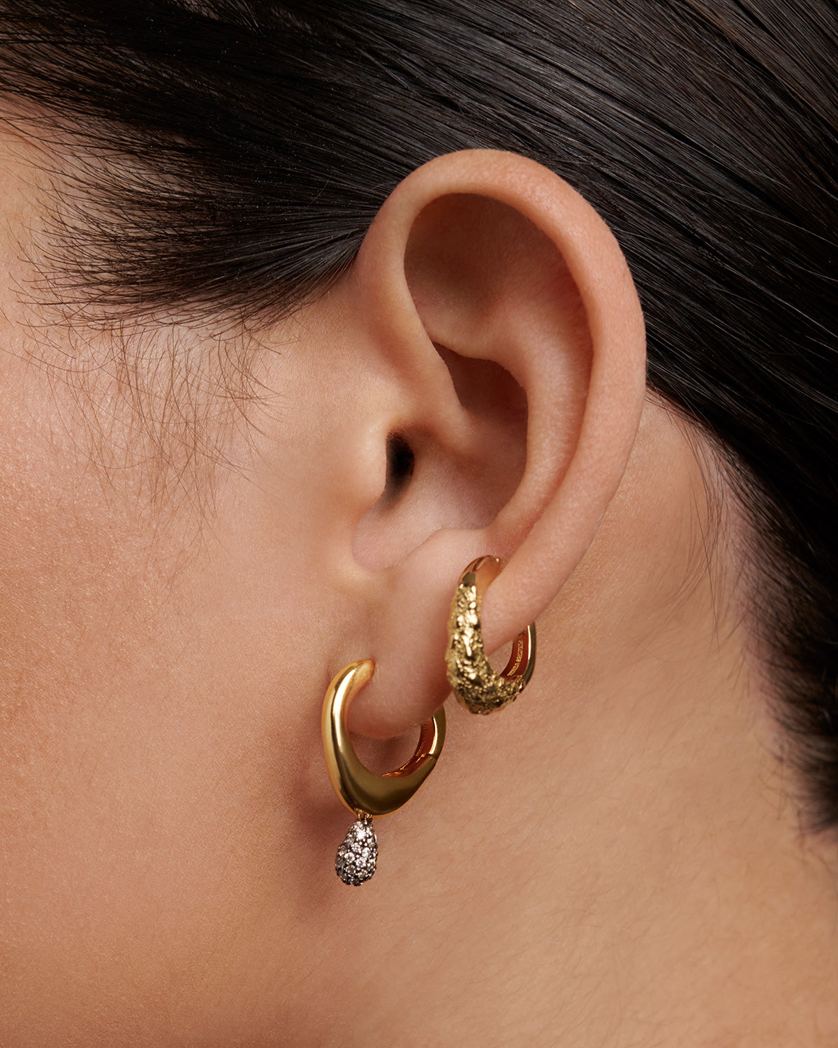 GRID 6 Pavé Lava Single Hoop Earrings for Women - Sterling Silver Dainty Minimalist Hoops - Perfect for Everyday Wear, Office & Date Night