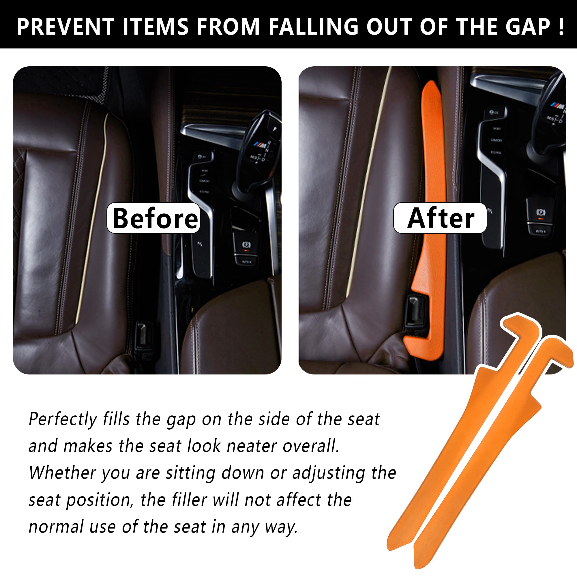 Junecarp 2 Pack Flexible Car Seat Gap Filler Organizer - Prevent Items from Falling, Essential Interior Car Accessories for Phone, Keys & Small Items (Orange) - Perfect for Sedans, SUVs & Family Cars