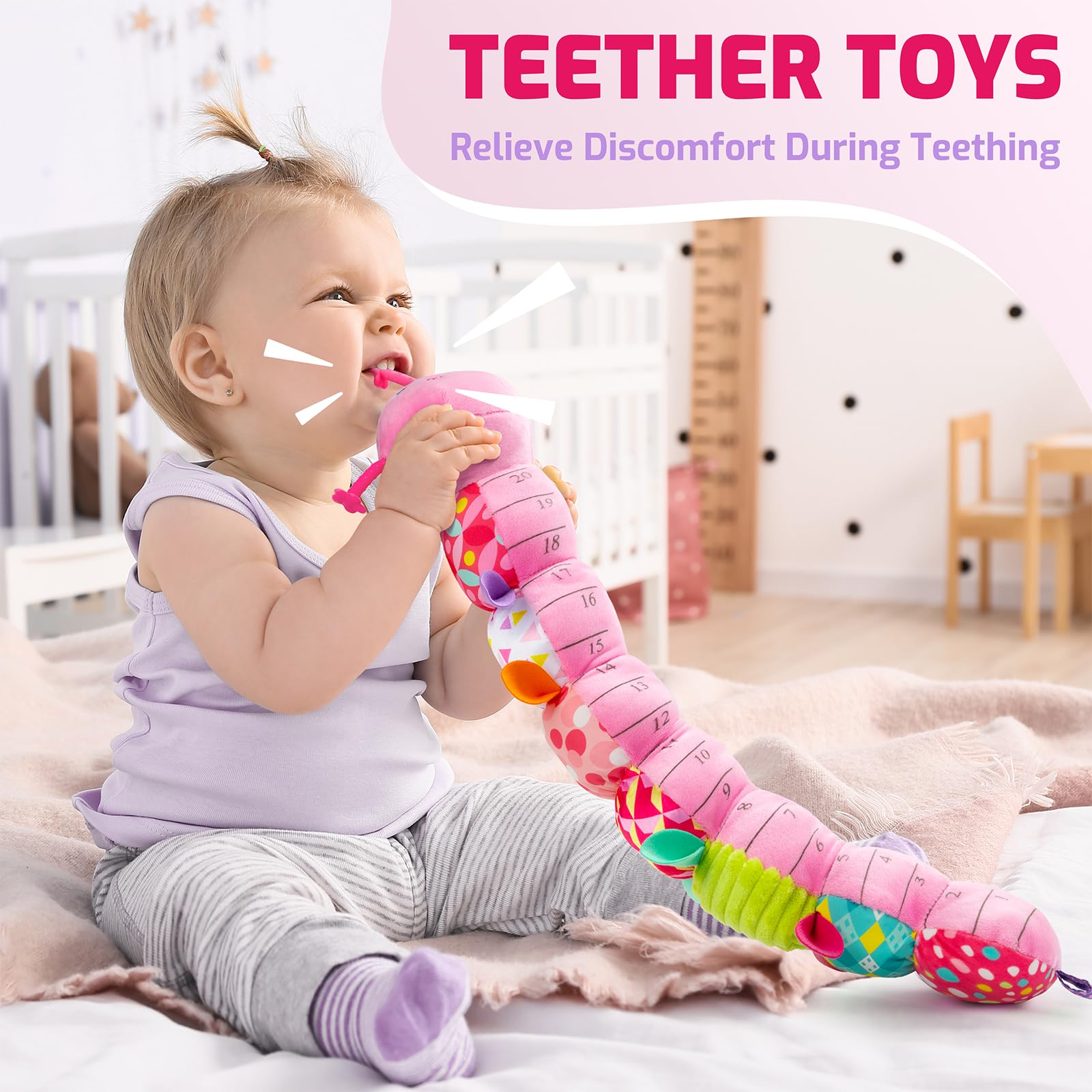 Sumobaby Musical Stuffed Animal Toy for Babies 0-12 Months - Multi-Sensory Infant Toy with Crinkle Sounds & Rattles - Tummy Time Developmental Toy for Newborn Boys & Girls (Pink Caterpillar) - Perfect for Nursery Playtime, Sensory Stimulation & Early Learning