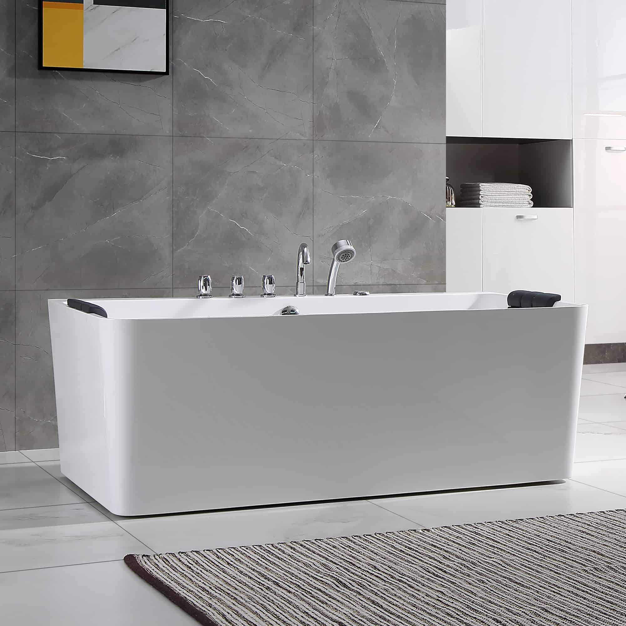 Empava 67-Inch Freestanding Acrylic Whirlpool Bathtub with Center Drain - Modern Rectangular Soaking Tub for Luxury Bathroom & Spa Relaxation at Home