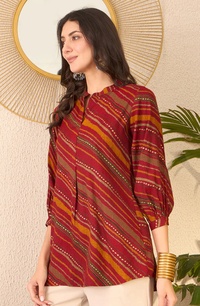 Stylish Red Cotton Blend Leheriya Printed Tunic Top for Women | Comfortable Casual Wear | Perfect for Summer Outfits, Beach Vacations & Boho Fashion