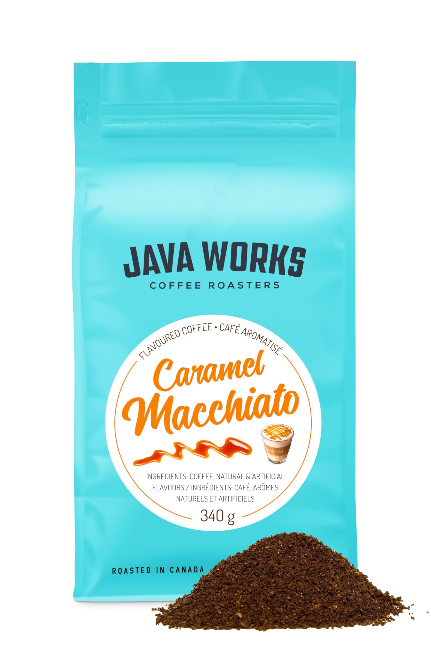 Java Works Caramel Macchiato Flavored Ground Coffee - 340g (12oz) Premium Arabica Blend for Home, Office & Cafes | Perfect for Espresso, Drip & French Press Brewing
