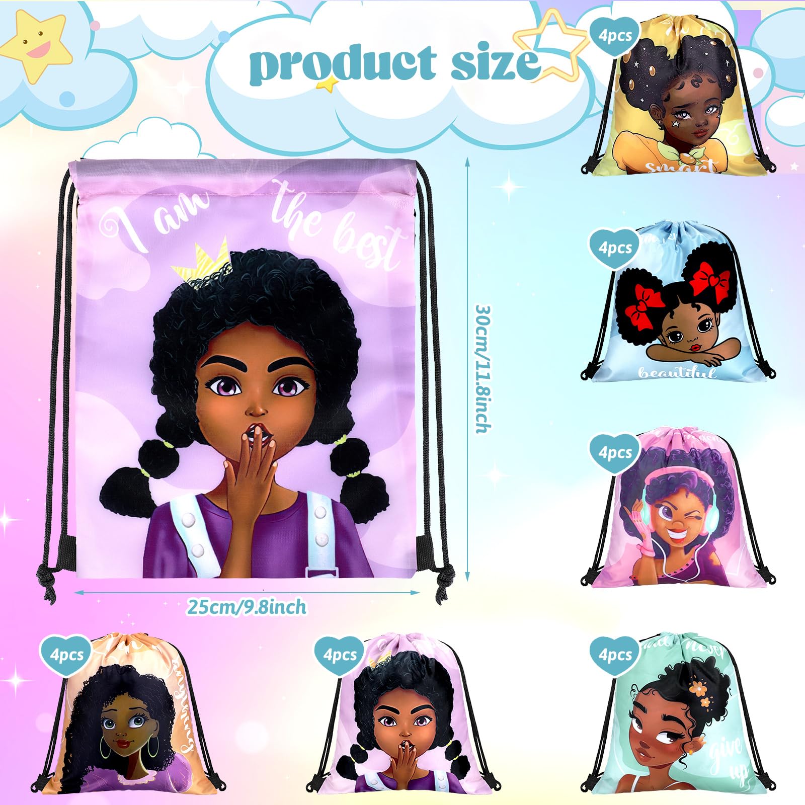 18-Piece Black Girl Kids Party Favor Drawstring Bags - African American Themed Backpacks for Birthday Gifts, School Supplies & Party Favors - Perfect for Birthday Parties, Classroom Rewards & Special Events