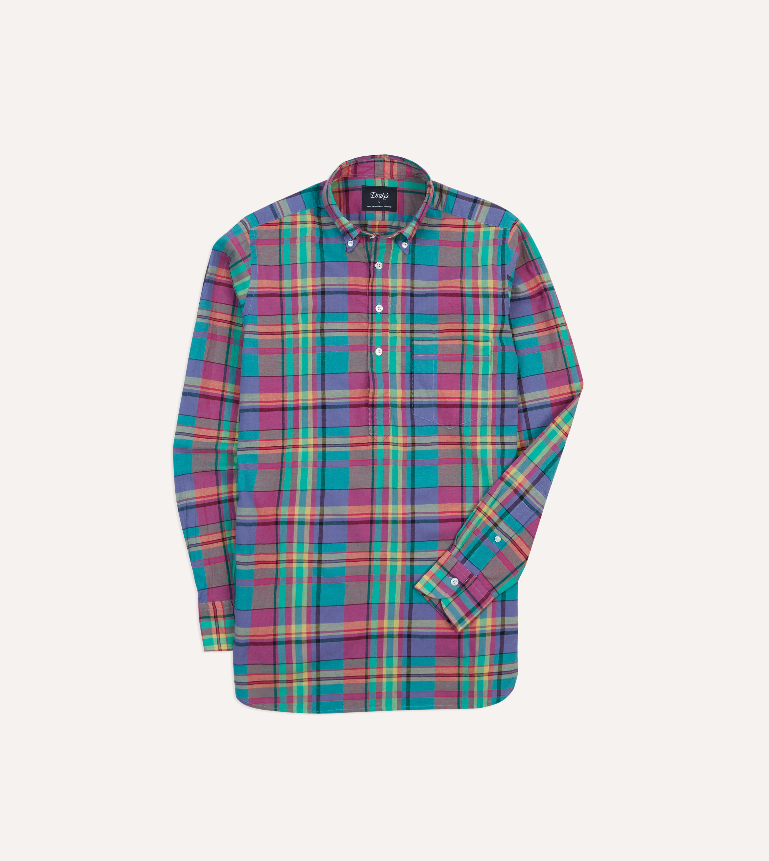Stylish Pink and Blue Madras Check Cotton Button Down Popover Shirt for Men - Perfect for Casual Outings, Beach Vacations & Summer Fashion