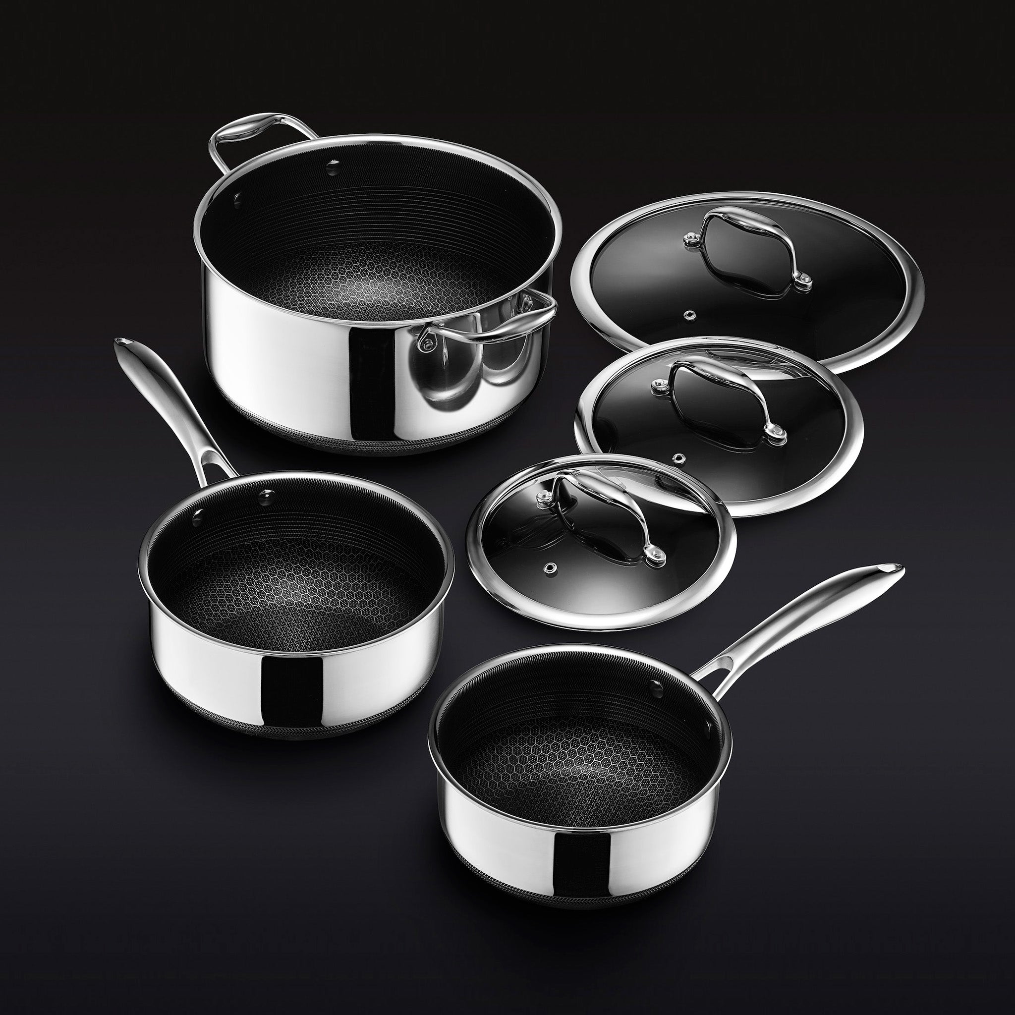 HexClad Hybrid 6-Piece Cookware Set - Nonstick Stainless Steel Pan & Pot Set with Lid - Induction Compatible for Gas, Electric & Ceramic Stoves - Perfect for Sautéing, Frying & Boiling in Home Kitchen