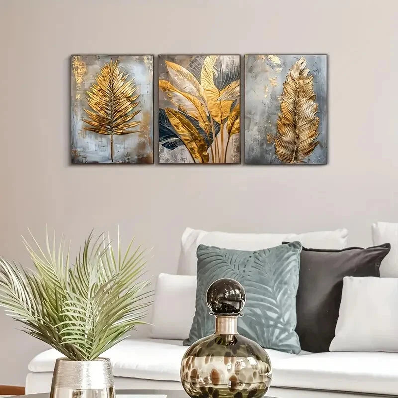 3-Piece Golden Leaf & Feather Wall Art Set - Framed Canvas 40x60cm - High Quality Print - 100% Australian Made - Ready to Hang - Perfect for Living Room, Bedroom & Office Decor