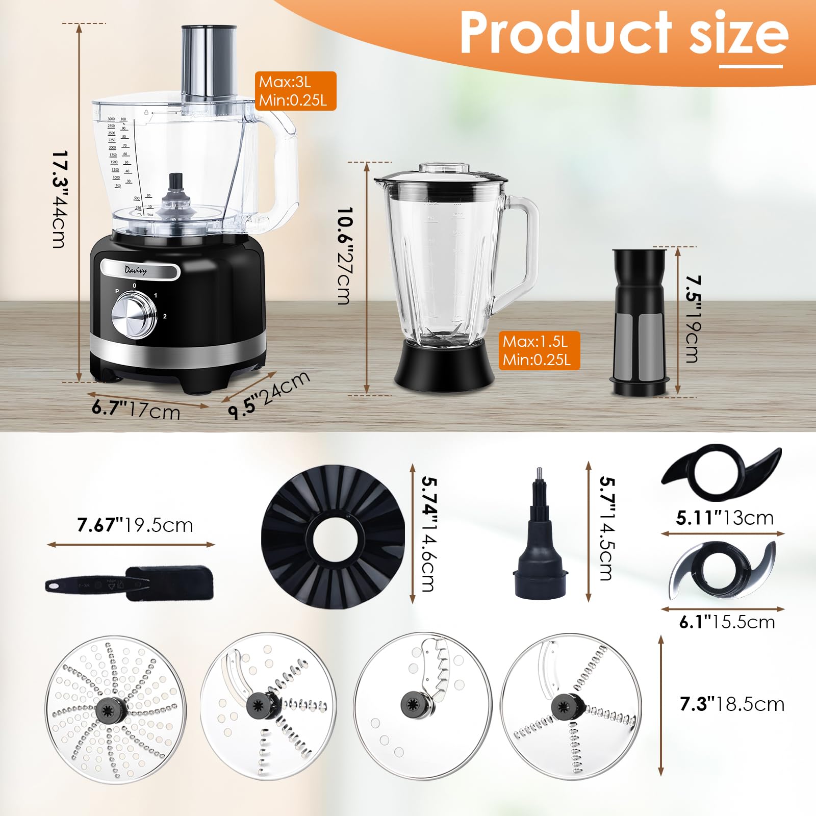 Davivy 16-Cup Food Processor Blender Combo - 600W 10-in-1 for Chopping & Blending - Perfect for Home Cooking