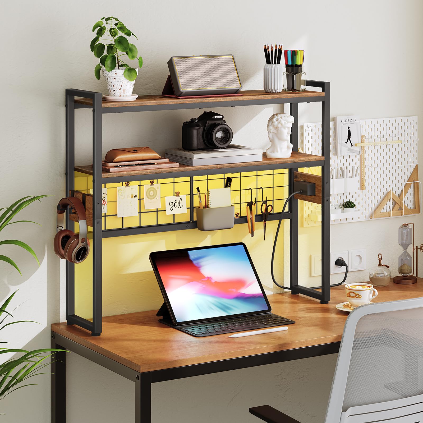 HOOBRO 2-Tier Wooden Desktop Bookcase with LED Light Strip & Power Outlets - 29.9