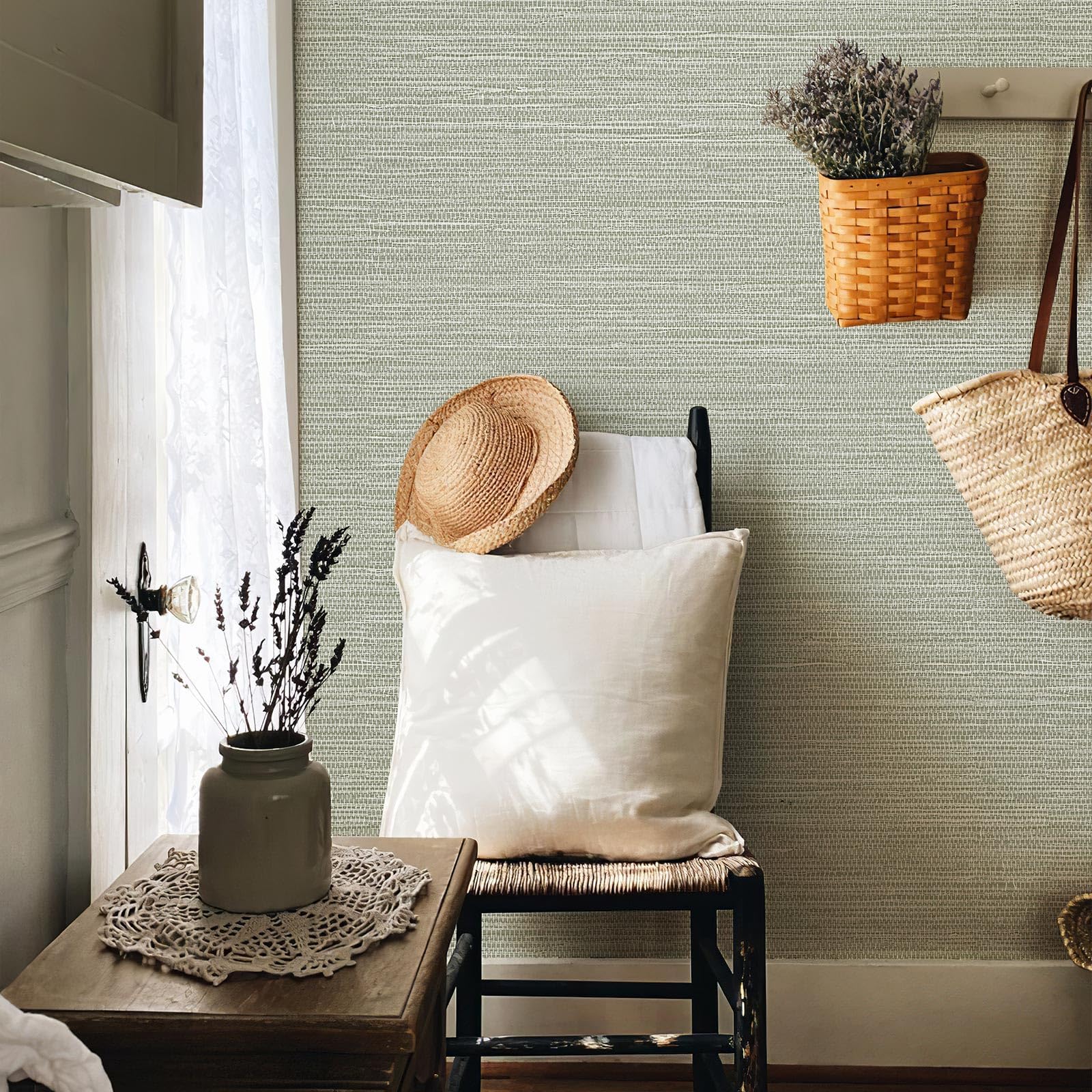 Grasscloth Peel and Stick Wallpaper - Cream Grassweave Textured Self-Adhesive Contact Paper 17.3