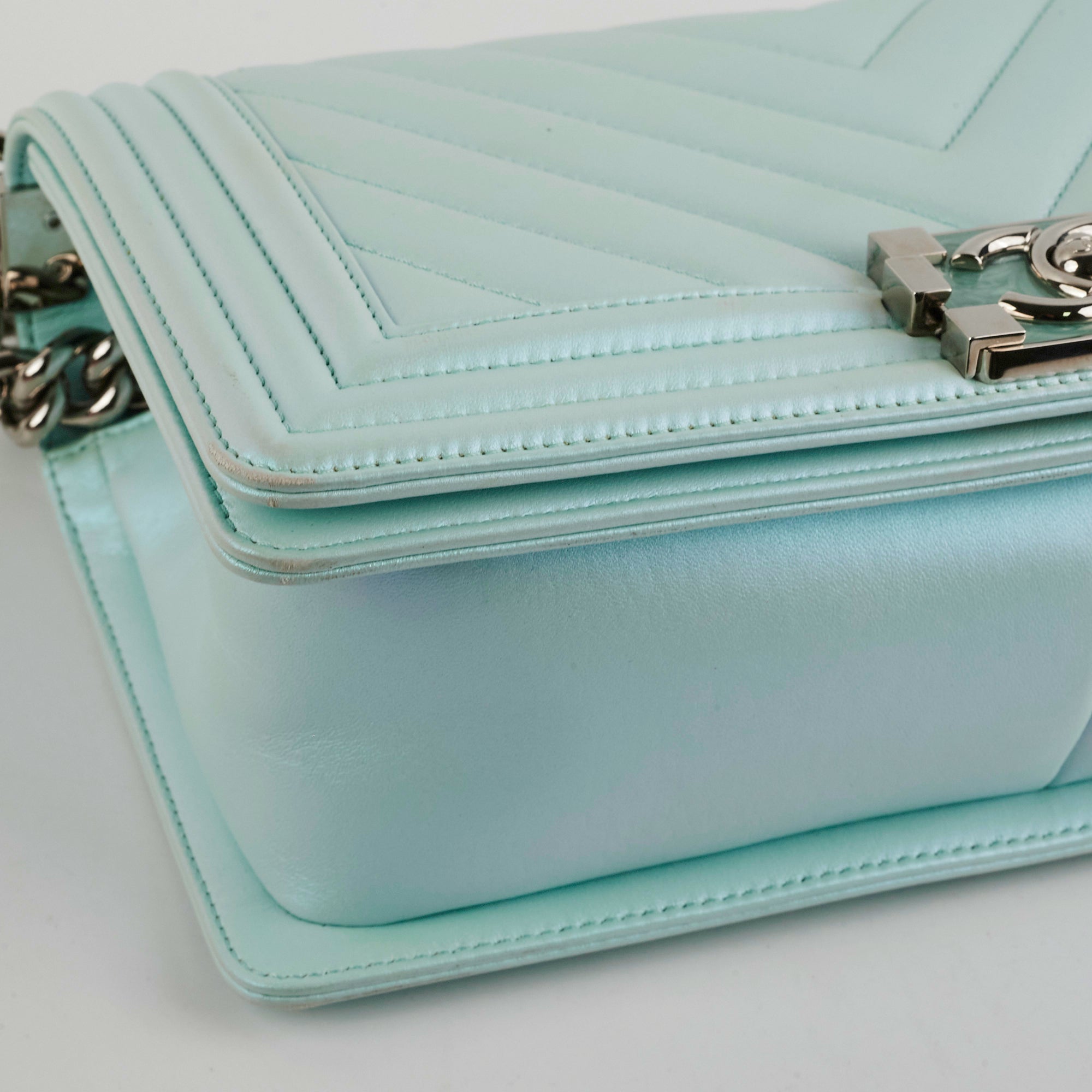 Chanel Medium Boy Bag Iridescent Celeste Blue - Luxury Designer Handbag for Women | Perfect for Evening Parties, Weddings & Special Occasions