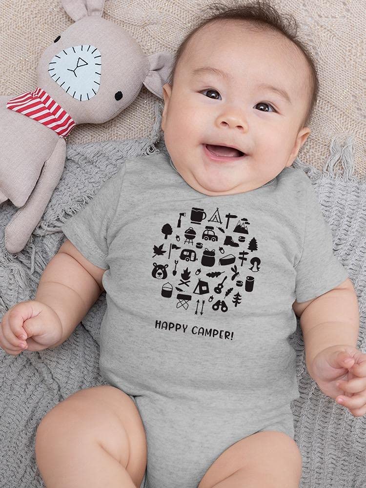 Smartprints Happy Camper! Camping Icons Baby Bodysuit - Cute Outfit for Camping Trips & Outdoor Adventures