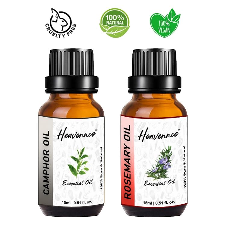 Heavennce Camphor Oil & Rosemary Oil Combo (30ML, Pack of 2) - Natural Hair Growth, Skin Moisturizer, Anti-Aging, Pain Relief & Aromatherapy | Perfect for Massage, Diffuser & DIY Beauty Products