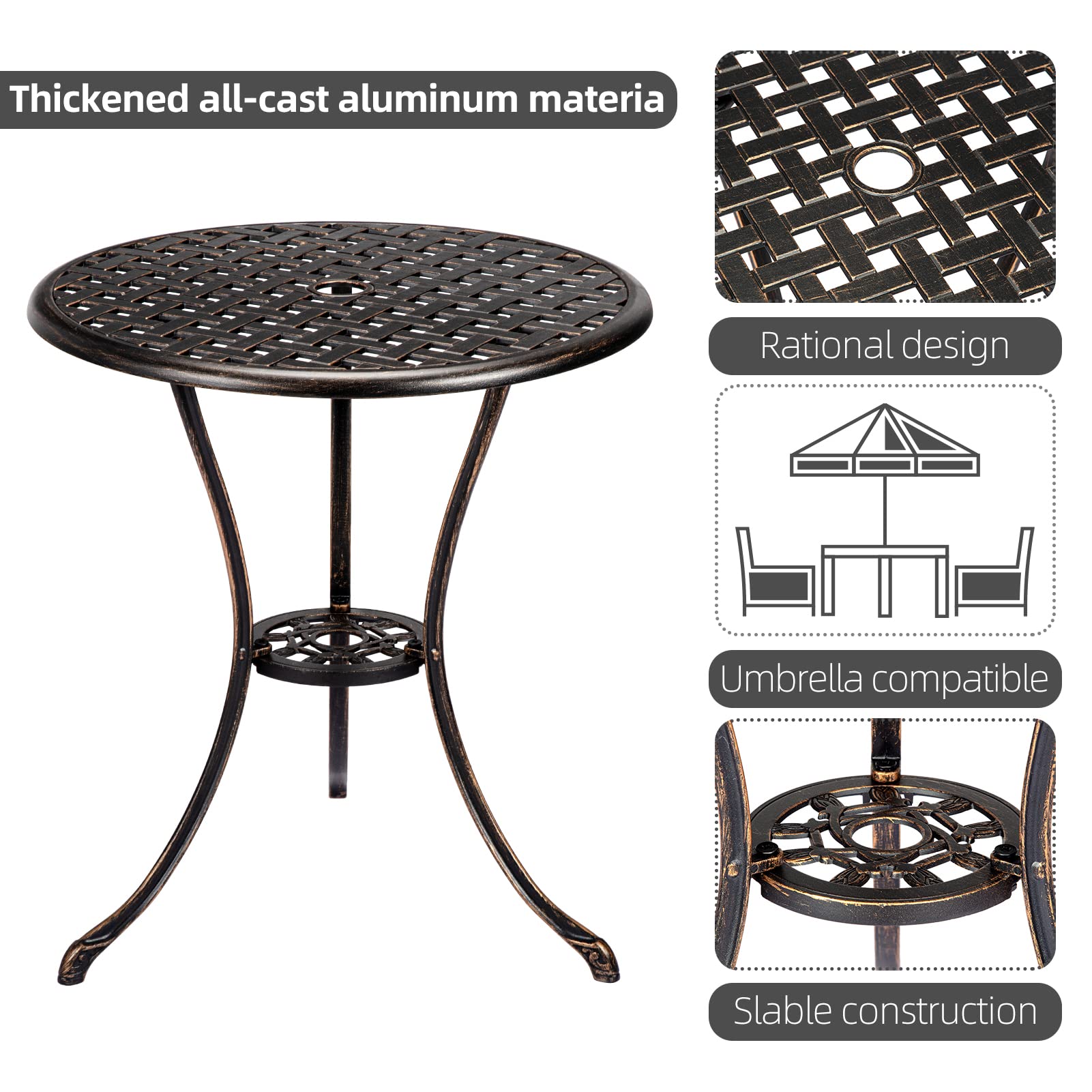 IDEALHOUSE 3-Piece Cast Aluminum Patio Bistro Set with Umbrella Hole - Rust-Resistant Outdoor Dining Table and Chairs for Garden, Backyard, Balcony - Indoor/Outdoor Use - Perfect for Morning Coffee, Outdoor Dining and Relaxing in Your Patio