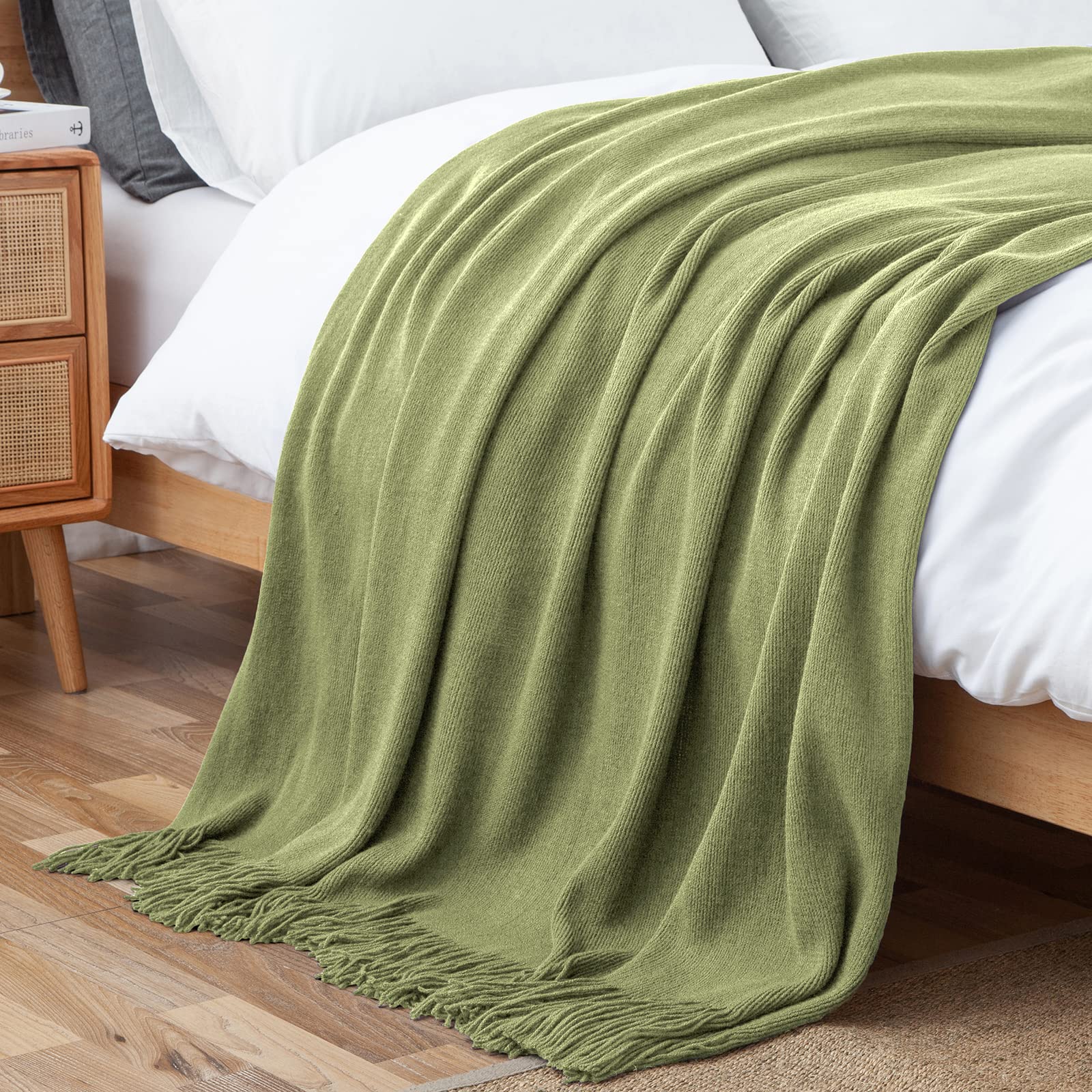Vonty Olive Green Knitted Blanket with Tassels Fringe 50