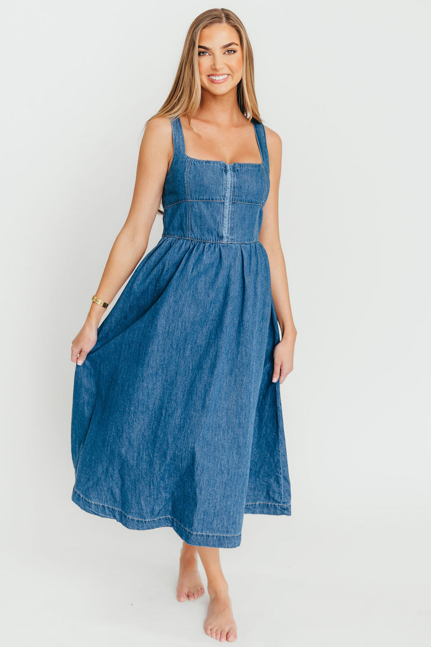 Frankie 100% Cotton Bustier Midi Dress in Denim - Vintage Inspired Blue Denim Corset Dress for Women, Perfect for Date Night, Summer Outfits & Casual Wear