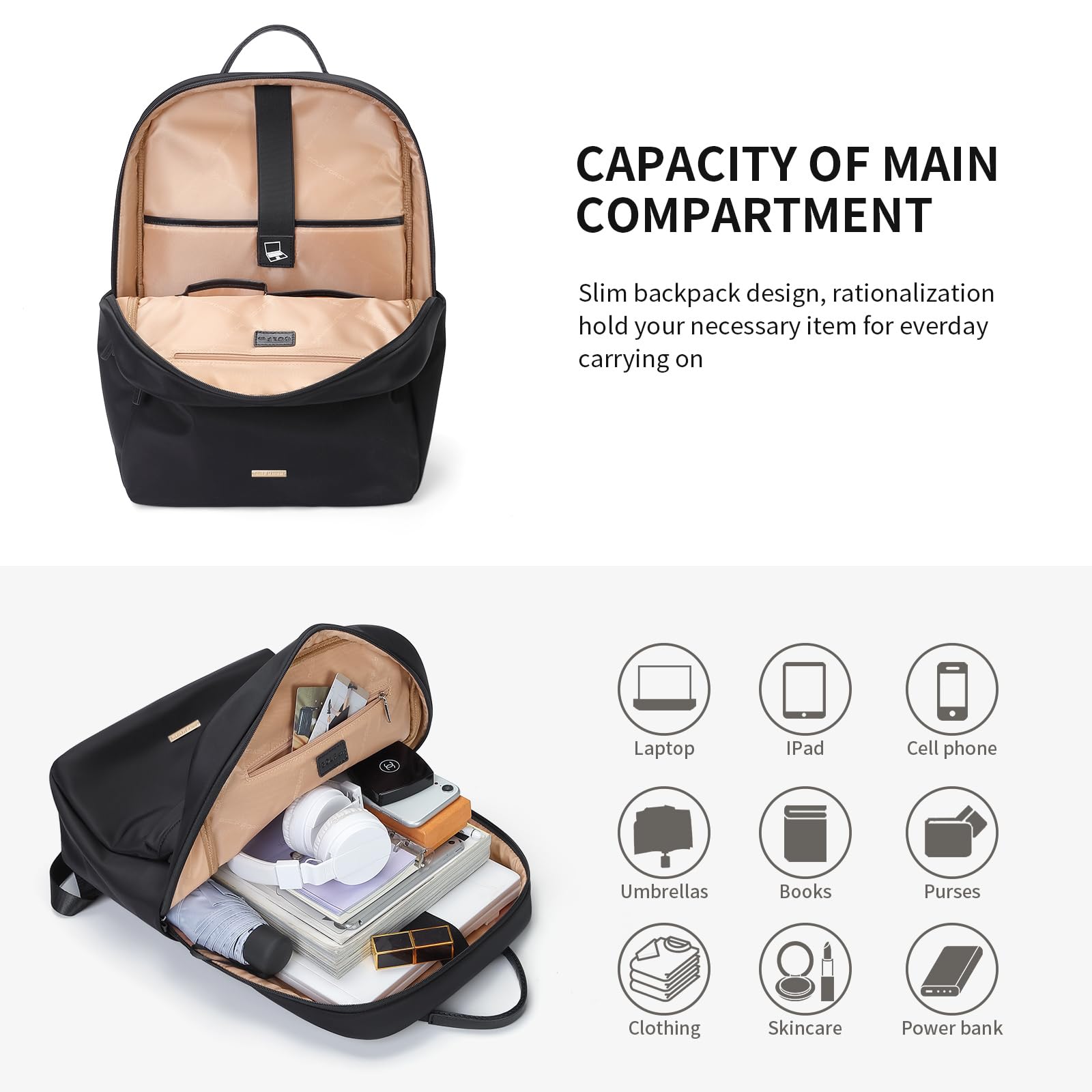 Slim Laptop Backpack for Women - 15.6 Inch Notebook Bag for Work, Travel & College (Black)