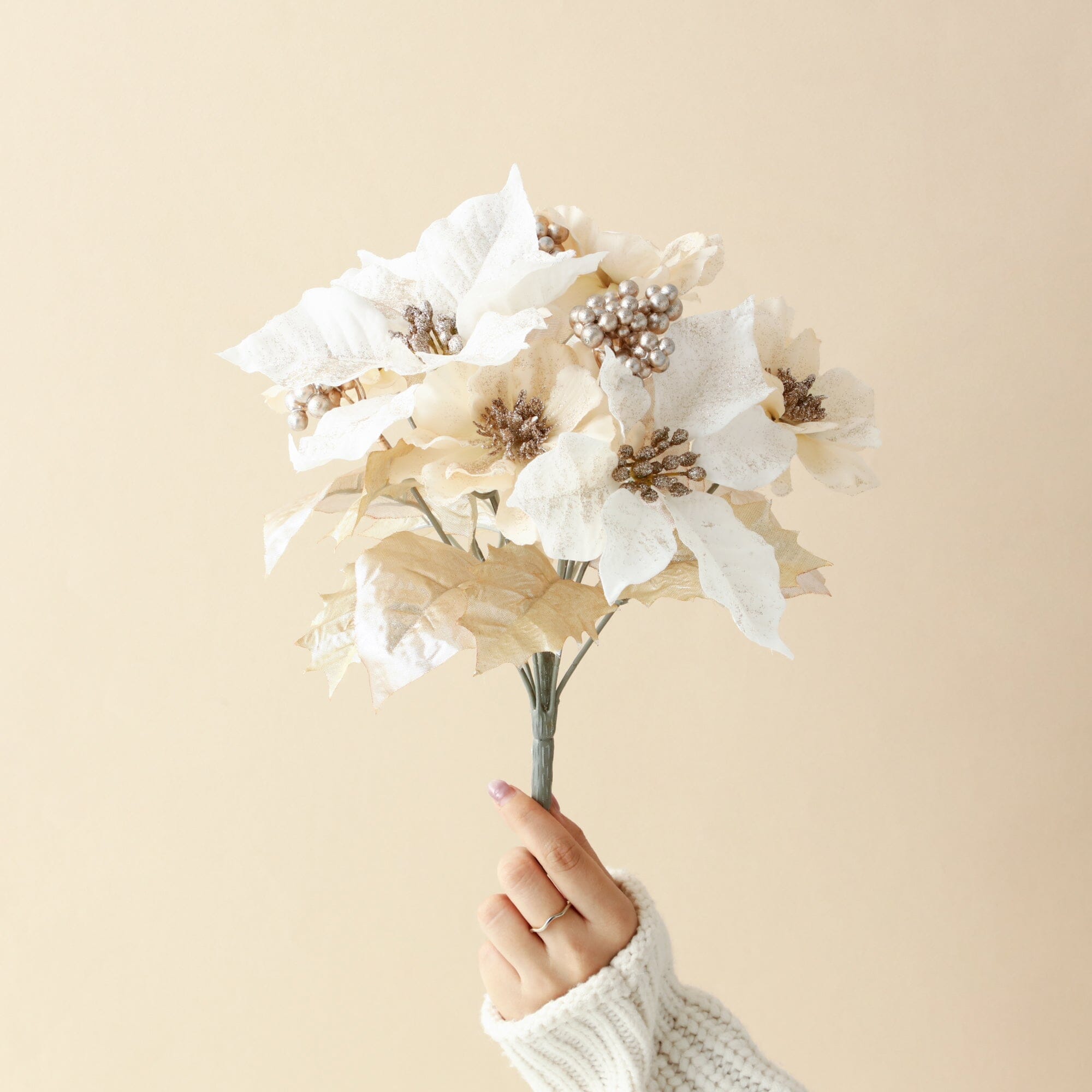 White Poinsettia Bush Artificial Christmas Flowers - Perfect for Holiday Decorations, Home & Office Festive Decor