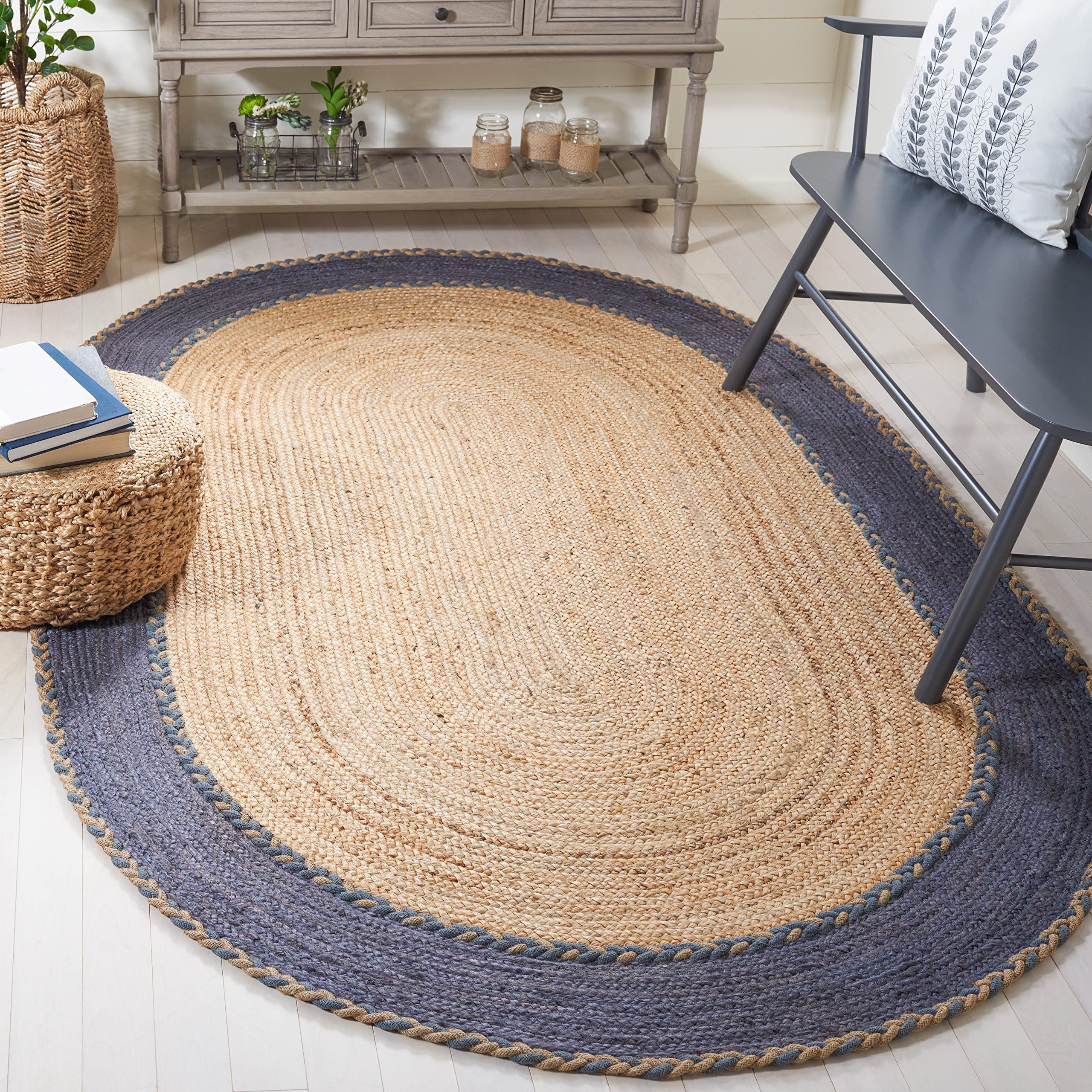 SAFAVIEH Natural Fiber Collection Handmade Jute Area Rug - 6' x 9' Oval, Natural & Dark Grey, Non-Slip, Durable for High Traffic Areas | Perfect for Living Room, Bedroom, Office & Entryway (NFB261F)