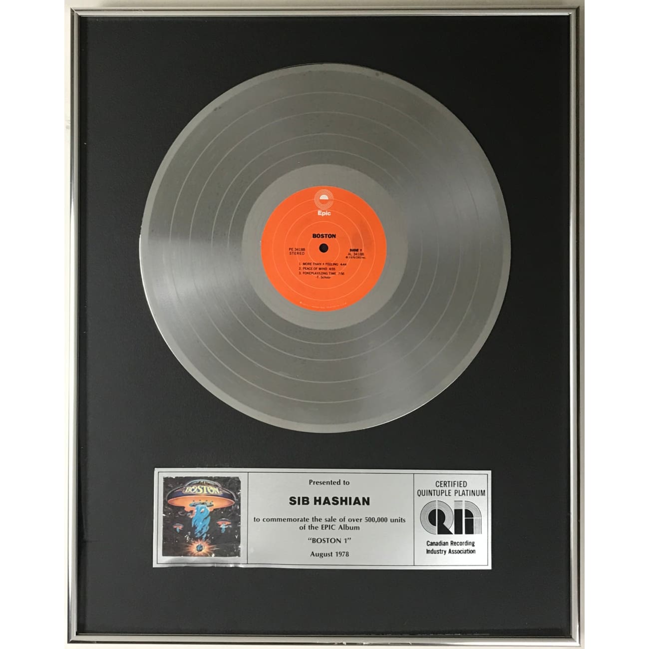 Rare Boston Debut CRIA 5x Platinum Album Award Presented to Drummer Sib Hashian - Perfect for Music Memorabilia Collectors & Rock History Displays