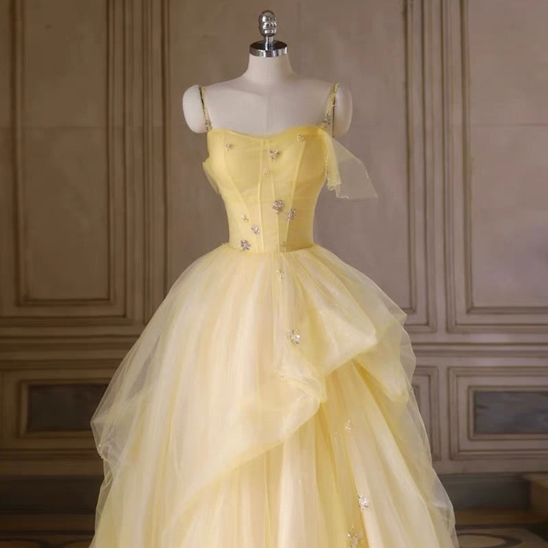 Elegant A-Line Yellow Long Prom Dress with Tulle Skirt - Perfect for Birthday Parties, Homecoming, and Formal Events - Style J3369