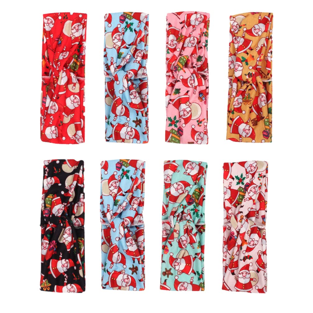 Lurrose 8-Piece Christmas Stretchy Headband Set - Santa Claus & Xmas Tree Printed Cross Knot Bandanas, Turban Headwraps for Women & Girls - Perfect for Holiday Parties, Family Gatherings & Festive Photos