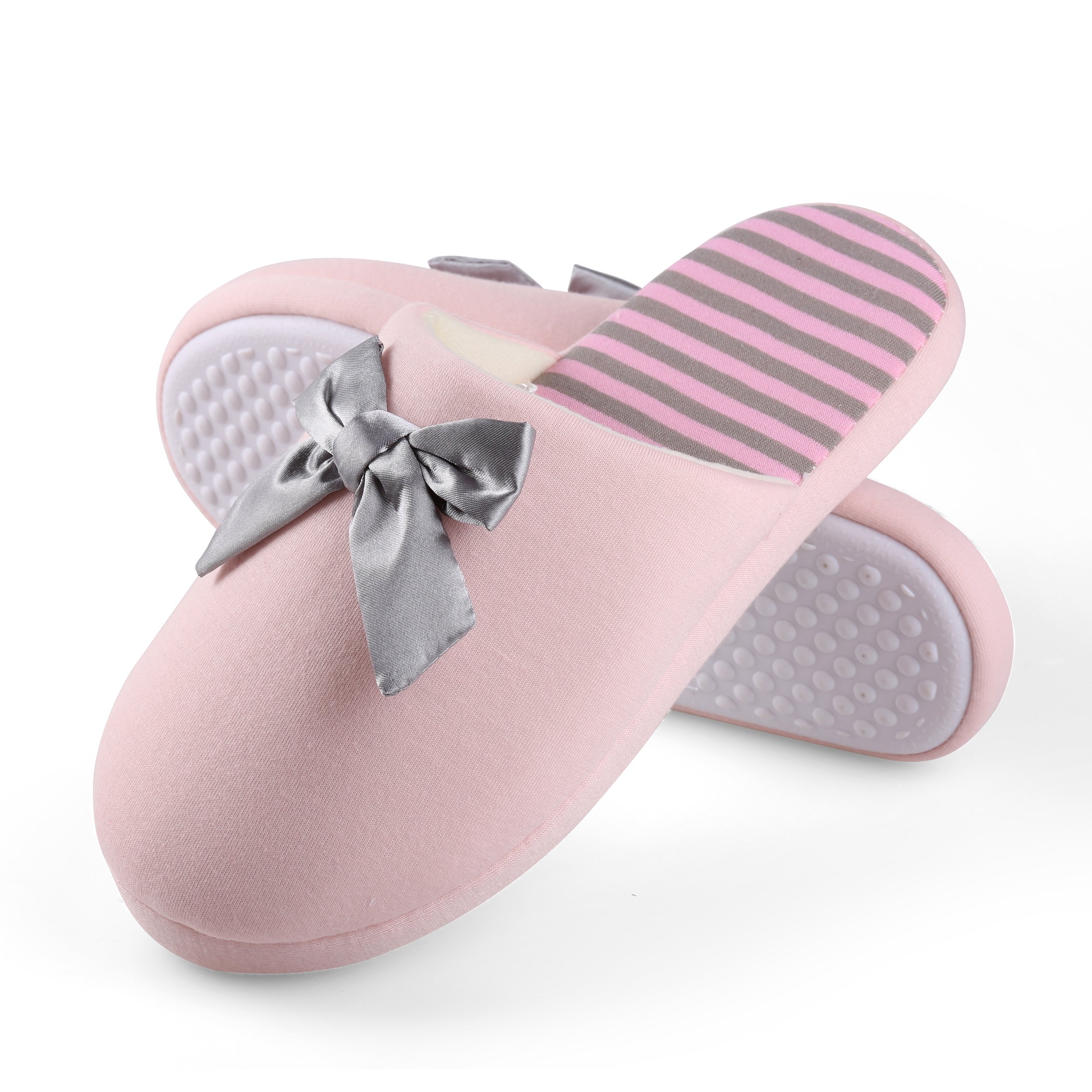 Women's Cozy Waffle Knit Slippers with Striped Design & Bow Detail - Soft House Shoes for Indoor Comfort, Lounge Wear & Gift Ideas