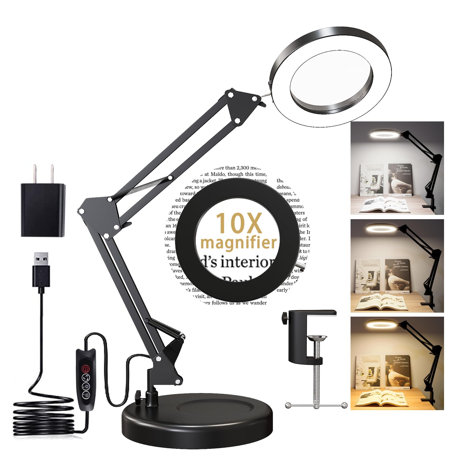 10X Magnifying Glass with LED Light & Stand - 3 Color Modes Adjustable Desk Lamp for Reading, Crafts, Jewelry Repair, Close Work & Hobby Projects - Ideal for Elderly, Artists & DIY Enthusiasts