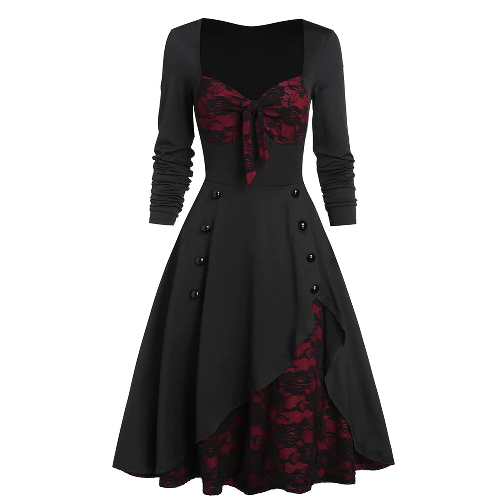 Gothic Cocktail Dress for Women - Plus Size Floral Lace Vintage Party Dress with Long Sleeves & Colorblock Design | Perfect for Halloween, Cosplay, and Evening Events