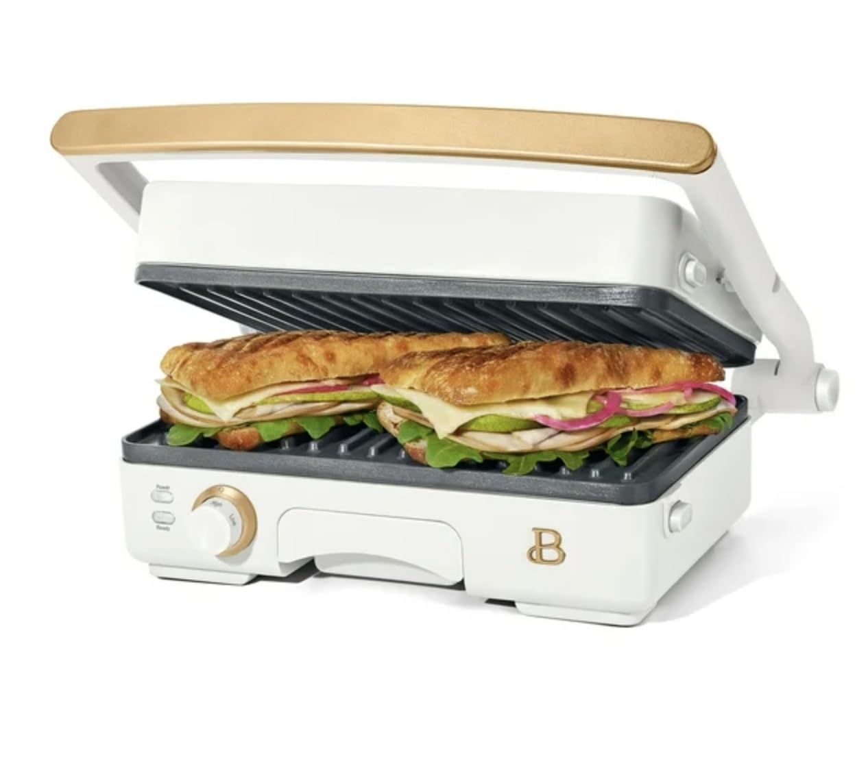 Drew Barrymore 2-in-1 Panini Press & Grill - Stainless Steel Sandwich Maker with Adjustable Temperature, White Icing | Perfect for Home Kitchen, Breakfast Paninis, Grilled Cheese & Quick Meals