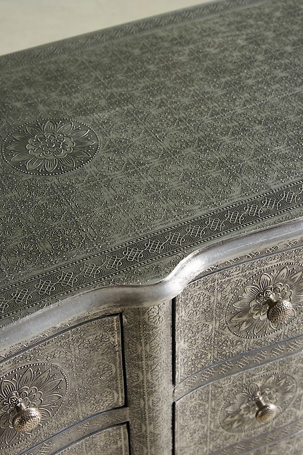 Hand Embossed 6-Drawer Dresser - Silver Metal Indian Style Chest of Drawers for Bedroom Storage & Home Decor