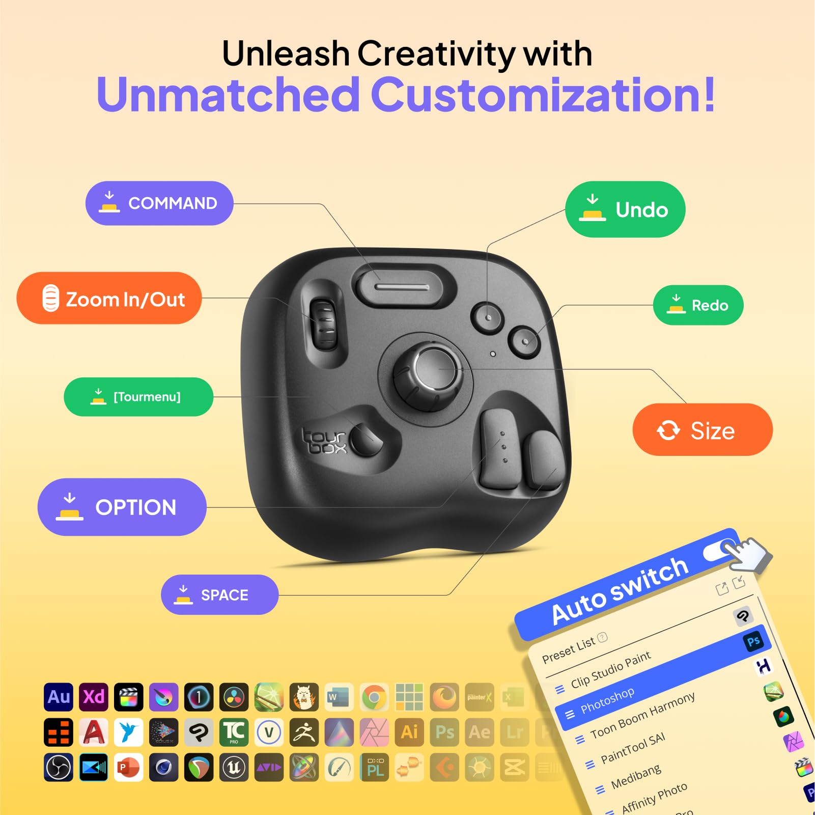 TourBox Lite - Programmable Shortcut Keyboard for Video Editing & Digital Art | Compatible with Photoshop, Lightroom, Premiere, DaVinci Resolve & Clip Studio Paint | Works on MacOS & Windows | Perfect for Content Creators & Graphic Designers