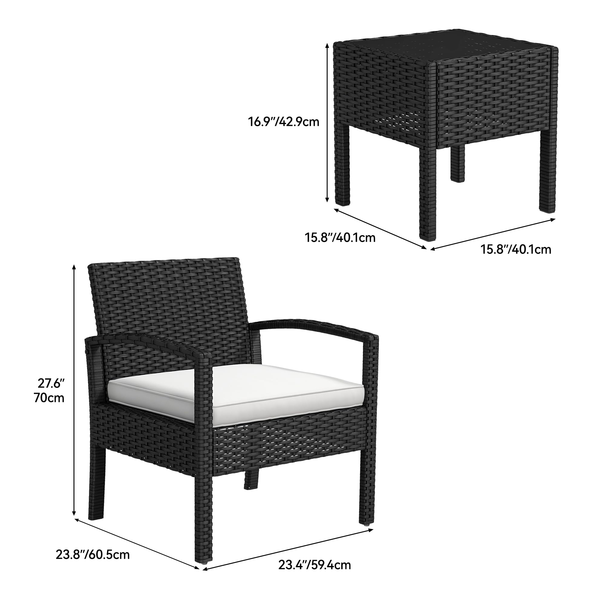 YITAHOME 3-Piece Outdoor Patio Furniture Set - All-Weather Wicker Bistro Chairs with Glass Side Table & Cushions - Black & Beige Rattan Conversation Set for Backyard, Balcony, Deck, Garden & Poolside Relaxation