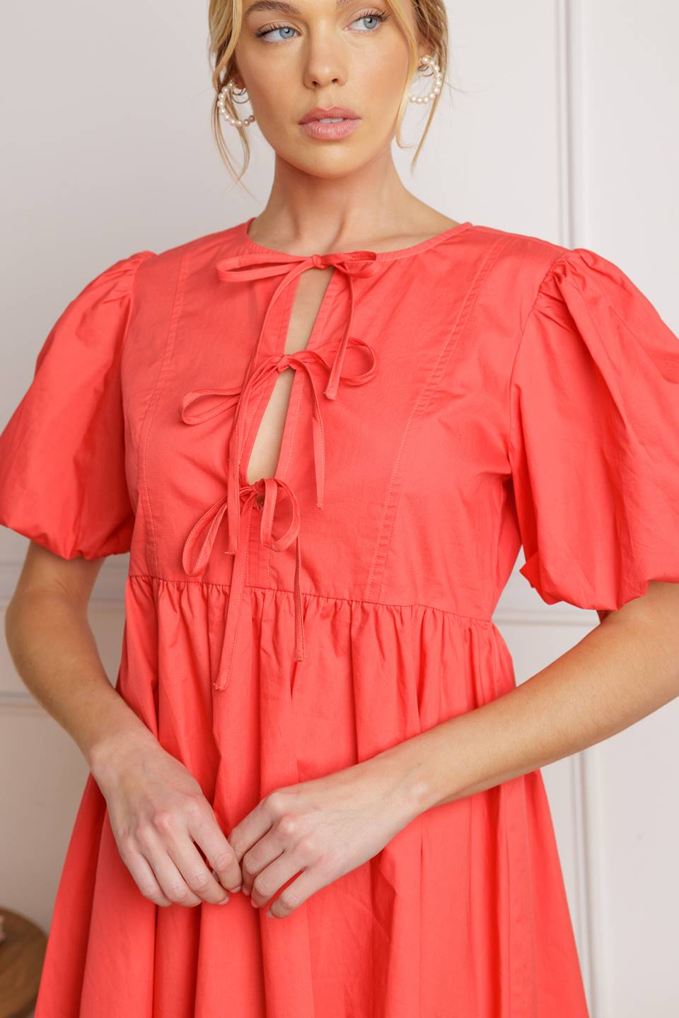 Front Tie Puff Sleeve Mini Dress in Coral - Elegant Summer Party & Date Night Outfit for Women