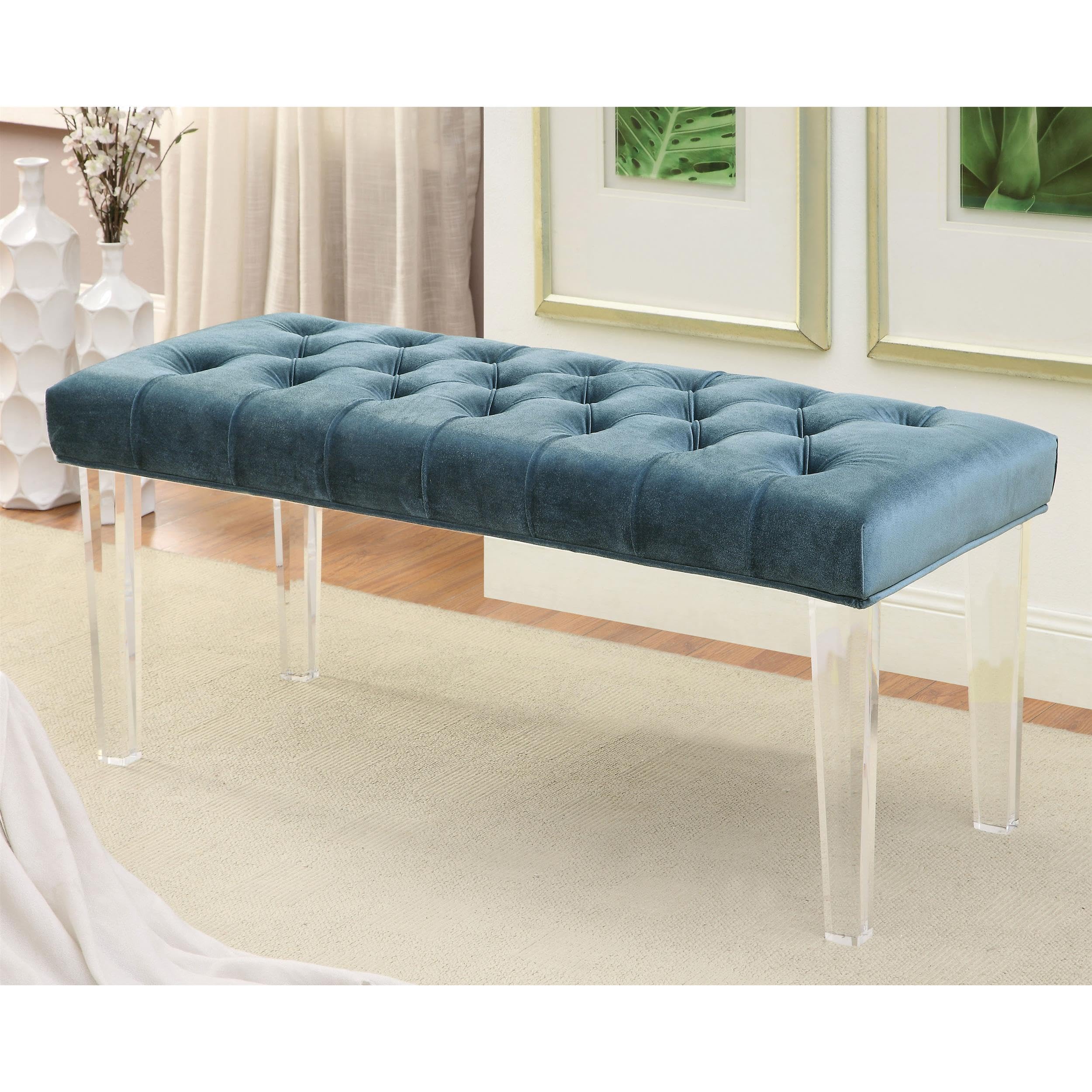 Eliza Contemporary Blue Fabric Bench with Acrylic Legs - Modern Entryway, Bedroom, or Living Room Seating Furniture