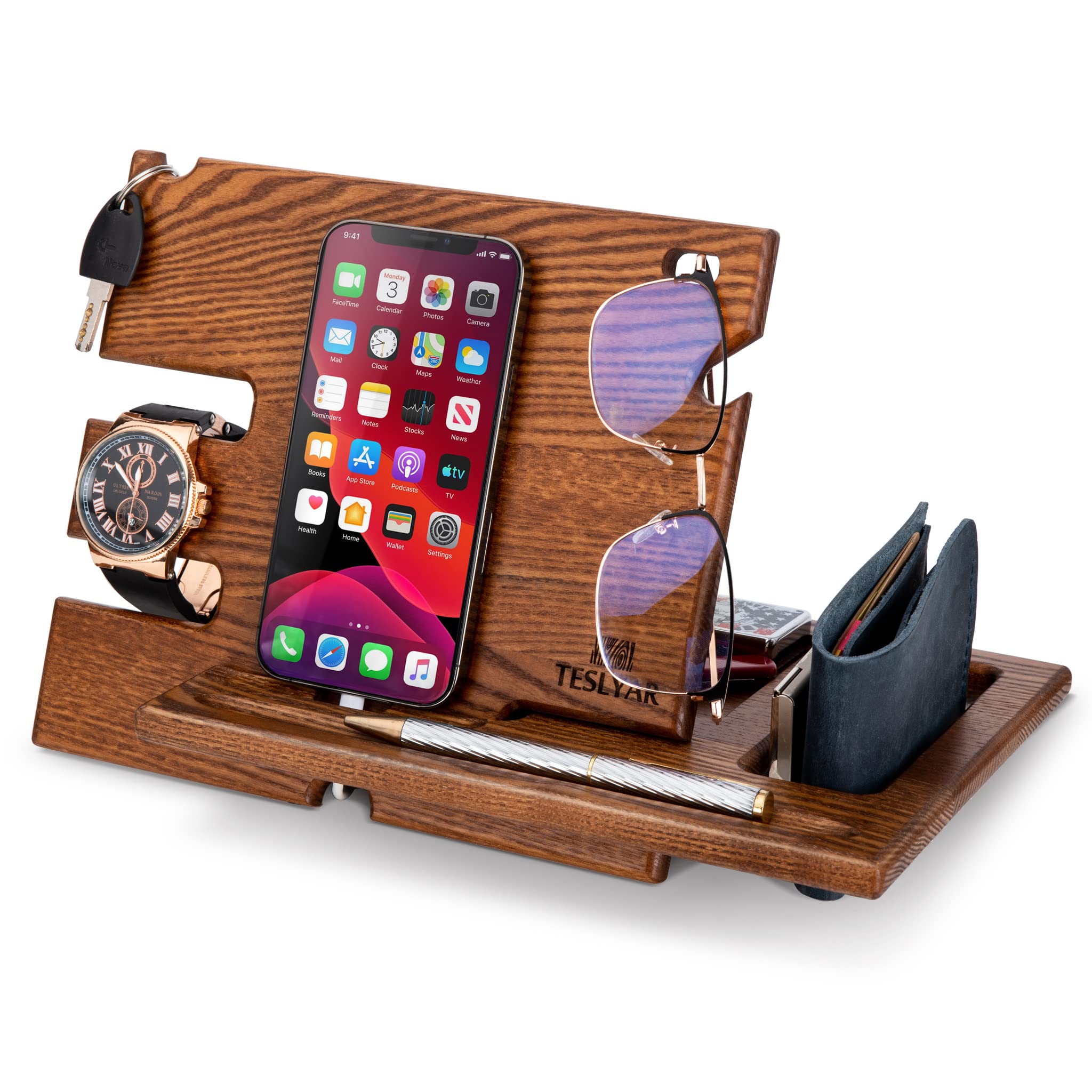 TESLYAR Wooden Phone Docking Station & Key Holder - Multi-Functional Organizer for Wallet, Watch, Jewelry - Perfect Anniversary, Birthday Gift for Men, Women, Dad, Husband - Nightstand, Travel, Office, Home Decor (Brown) | Ideal for Bedroom, Entryway, Dresser Organization & Gift Giving