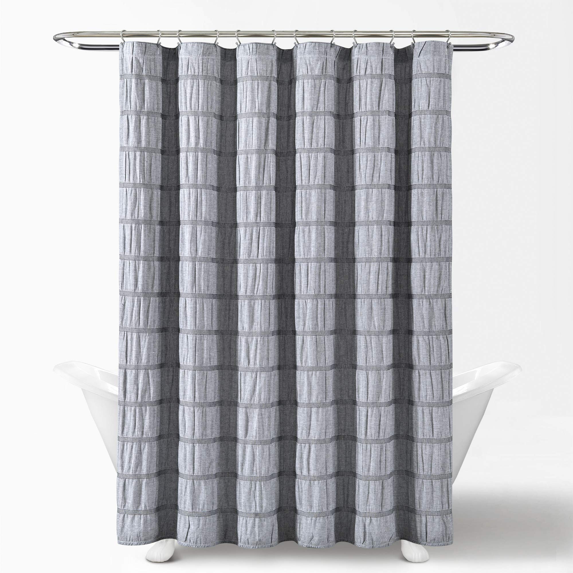 Lush Decor Light Gray Waffle Stripe Woven Cotton Shower Curtain 72x72 Inches - Soft Textured Bathroom Decor with Rustic Striped Design - Perfect for Modern Farmhouse, Spa, and Guest Bathroom Styles